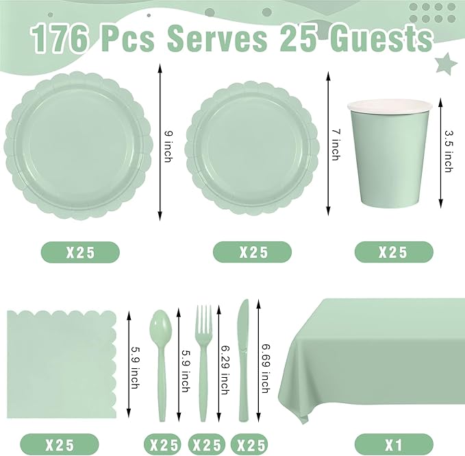 176 PCS Sage Green Party Decorations Includes Plates, Napkins, Cups, Cutlery, Tablecloth for Wedding Bridal Shower Birthday Baby Shower Party Decorations, Serves 25