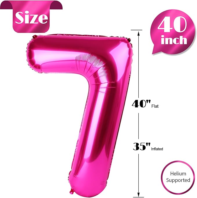 Hot Pink Number 7 Balloon 40 Inch, 7 Balloon Number, 7th Birthday Decorations, Hot Pink Party Supplies for Boys Girls