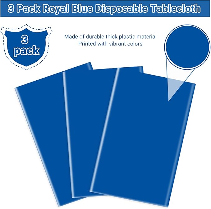 MRJ 3 Pack Royal Blue Plastic Tablecloths 54 x 108 Inch for Rectangle Tables Decorative Party Holiday Birthday Disposable Table Cloth
