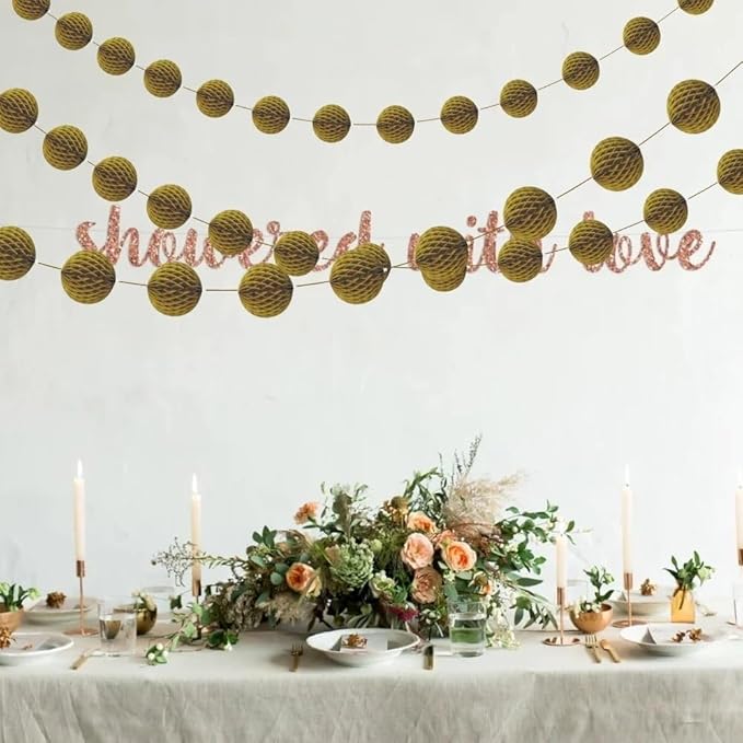 Gold Honeycomb Ball Garland - 7 ft. - Elegant Paper Decor - Ideal for Bridal Showers, Birthdays, & Christmas Parties (1 Pc.)