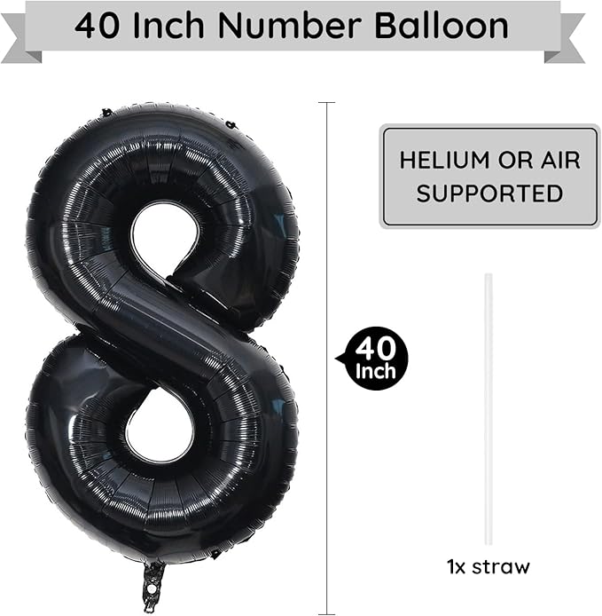 40 Inch Black Number Balloon 8, Large Number Foil Balloons Mylar for Girl Boy Birthday Party Celebration Decorations Supplies, Digital Balloons for Wedding Anniversary Events Decorations