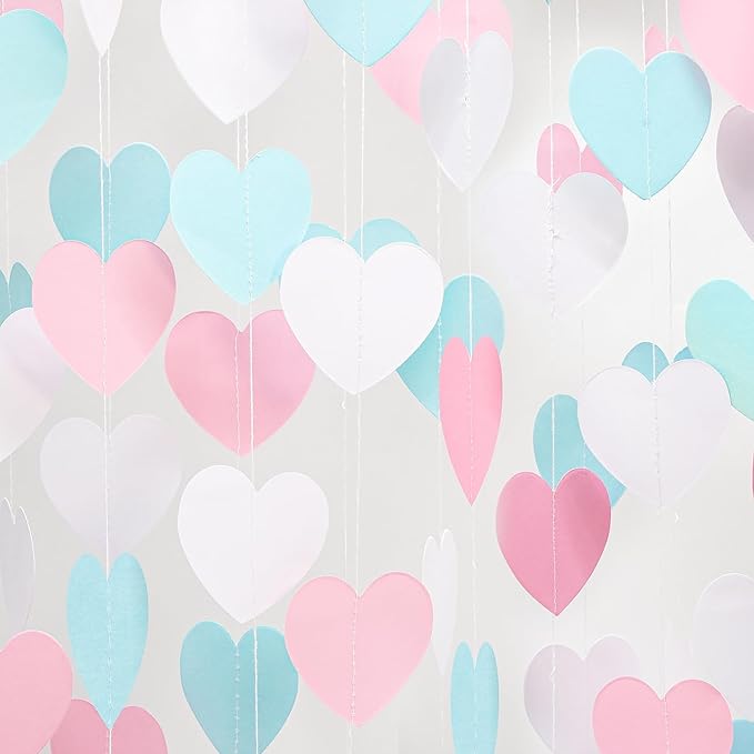Blue Pink White Party-Decorations Gender-Reveal - 52Ft Paper Heart Garland Streamer Banner Birthday Decorations Baby Shower Decorations Gender Neutral Decorations Bridal Wedding HongTongTong