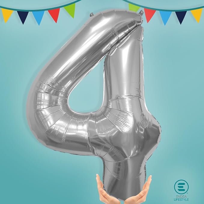 40 Inch Large Silver Number Celebration and Decoration Balloon for Birthday Parties, Graduations, Anniversaries, Weddings, Photo Shoots, Special Events - Helium Foil (Silver Number 4)
