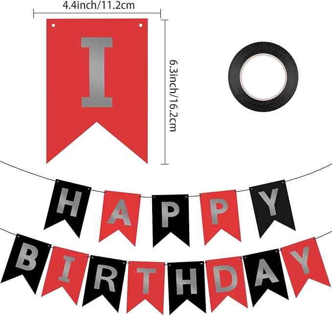 Hooqict Happy Birthday Banner Red Silver Black Happy Birthday Decorations for Kids Men Women Black Party Banner Decorations Supplies Wall Door Garland Sign Bunting Flag