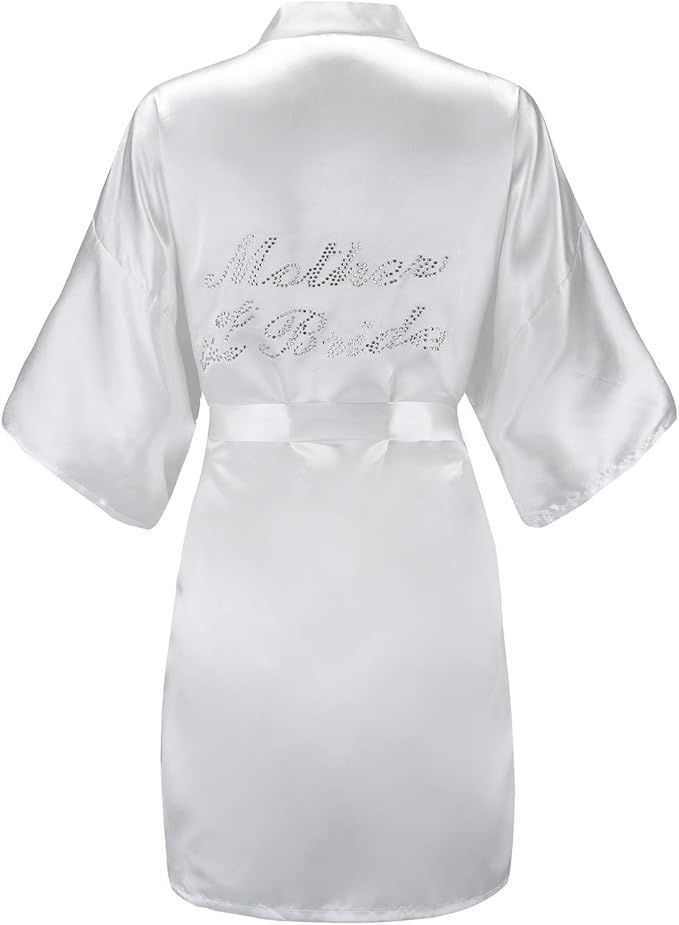 EPLAZA Women's One Size Silver Rhinestones Bride Bridesmaid Short Satin Robes for Wedding Party Getting Ready