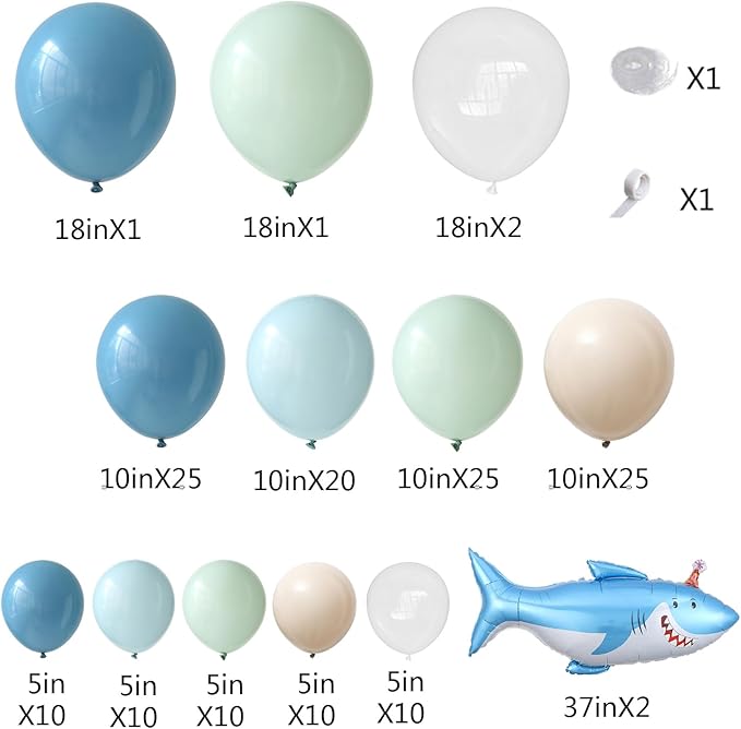 Ocean Under the Sea Birthday Party Decorations 153Pcs Shark Balloon Garland Arch Kit Dusty Blue Green White Sand Balloon with Shark Foil Balloons for Kids Boys Shark Week Ocean Animals Baby Shower