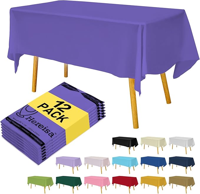 Premium Disposable Table Cloth - 12 Pack, 54 x 108 Inch Table Cloths for Parties, Decorative Tablecloths for Rectangle Tables, Purple Plastic Table Cover, Leakproof & Sturdy, Purple