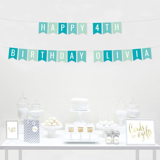 Andaz Press Personalized Hanging Pennant Banner Party Decorations, Diamond Blue, Seafoam Mint, Aqua Turquoise, Happy 4th Birthday Olivia, 1-Pack, Approx. 5-Feet, Custom Name and Number
