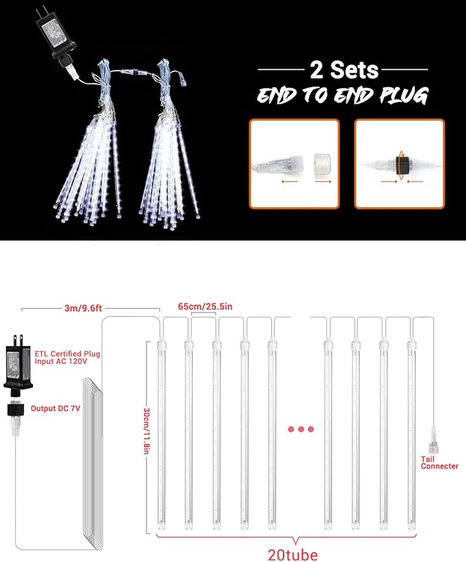 iBaycon 20 Tubes 480 LED Meteor Shower Rain Lights, 11.8 inches Cascading Icicle Lights Waterproof Outdoor, Connectable Falling Raindrop Lights with Timer for Holiday Party Christmas Decorations
