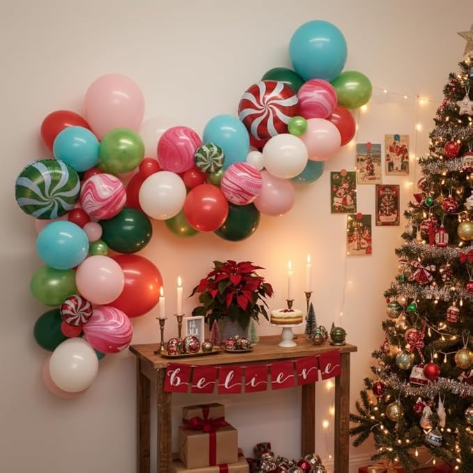 Christmas Balloon Garland Arch Kit, 121Pcs Pastel Green Pink Teal Blue Red Sand Tie Dye Balloons with Large Cane Candy Windmill Star Foil Balloon for Xmas Merry Christmas Party New Year Decorations