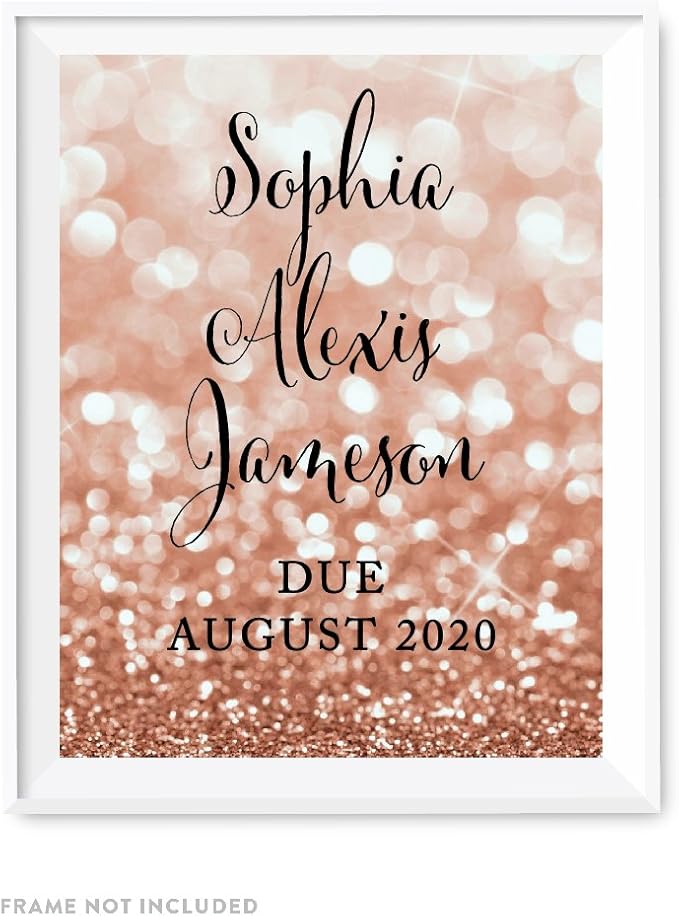 Andaz Press Personalized Baby Shower Party Signs, Glitzy Rose Gold Glitter, 8.5x11-inch, Sophia Alexis Jameson Due August 2026, 1-Pack, Bokeh Colored Party Supplies, Custom Name