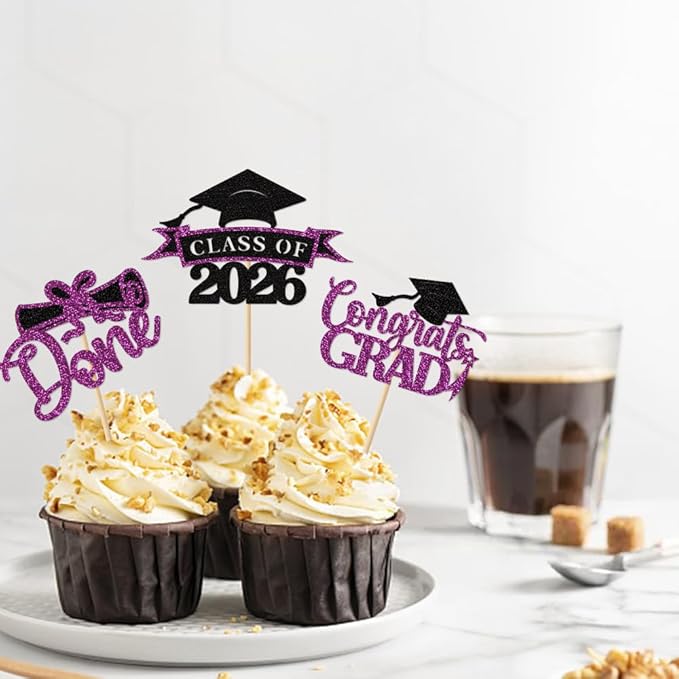 2026 Graduation Cupcake Toppers, 36 pack Purple Glitter Class of 2026 Congrats Grad Diploma Grad Cap Cupcake Picks for 2026 Graduation Party decorating Supplies