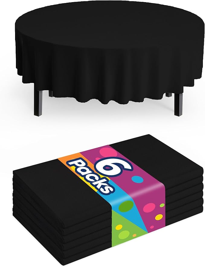 Pureegg Plastic Table Cloth Disposable 6 Pack, 84'' Round Table Cloths, Halloween Party Decorations, Summerween Decor, Halloween Tablecloths, Round, Plastic Cover, Waterproof, Black