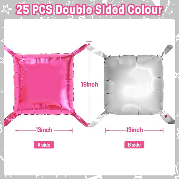 Hot Pink Silver Square Foil Balloons Wall, 25PCS Double Sided Chrome Silver and Pink Balloons Tunnel Arch Kit Backdrop for Girls Birthday Party Princess Graduation Galentines Valentines Decorations