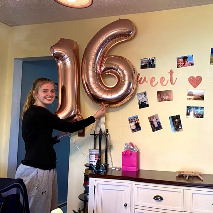 Rose Gold 16th Birthday Balloons for Girls, 40 Inch Big Mylar Foil Number 1 and 6 Balloons Self Inflating Rose Gold 16 Balloons Number for Women 16th Anniversary Party Decorations Supplies