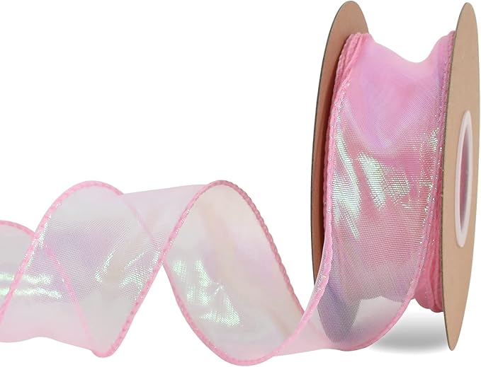 TONIFUL 1-1/2 Inch Wide Laser Pink Wired Chiffon Ribbon Shimmer Sheer Organza Ribbons for Crafts Floral Bouquets Wedding Party Decorations Valentine's Day Gift Wrapping Bow Making Wreaths (10yd)