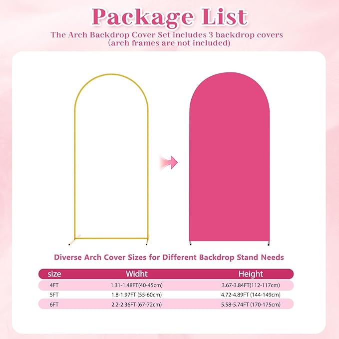 3-Piece Arch Backdrop Cover, Stretchy Spandex Wedding Arch Covers 4FT, 5FT, 6FT for Round Chiara Arch Stand, Hot Pink Arch Cover for Photo Background Birthday Party Banquet Ceremony Decor