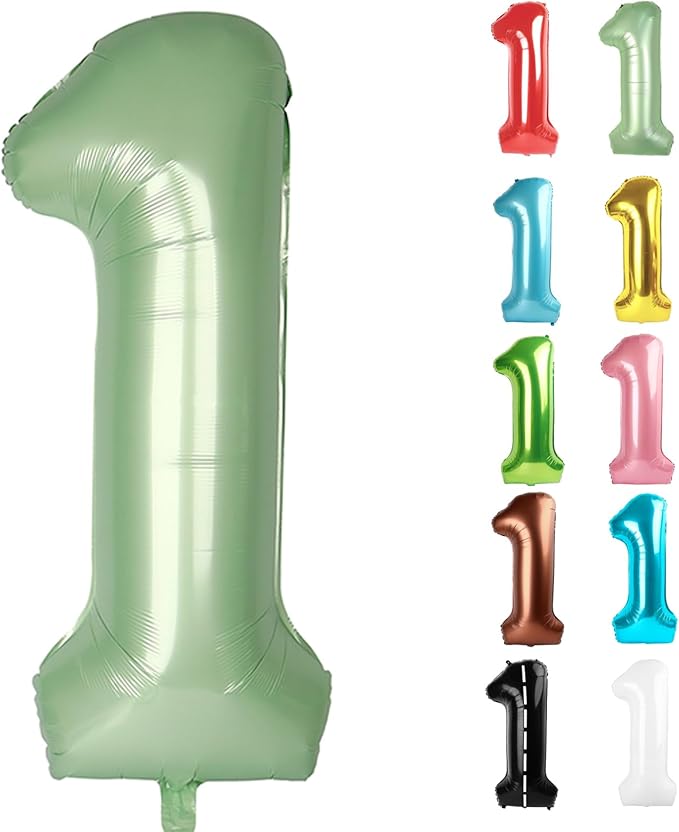 Sage Green Number 1 Balloon for First Birthday 40 Inch, 1st One Number Balloons Birthday Decorations for Girl Boy Toddler Baby