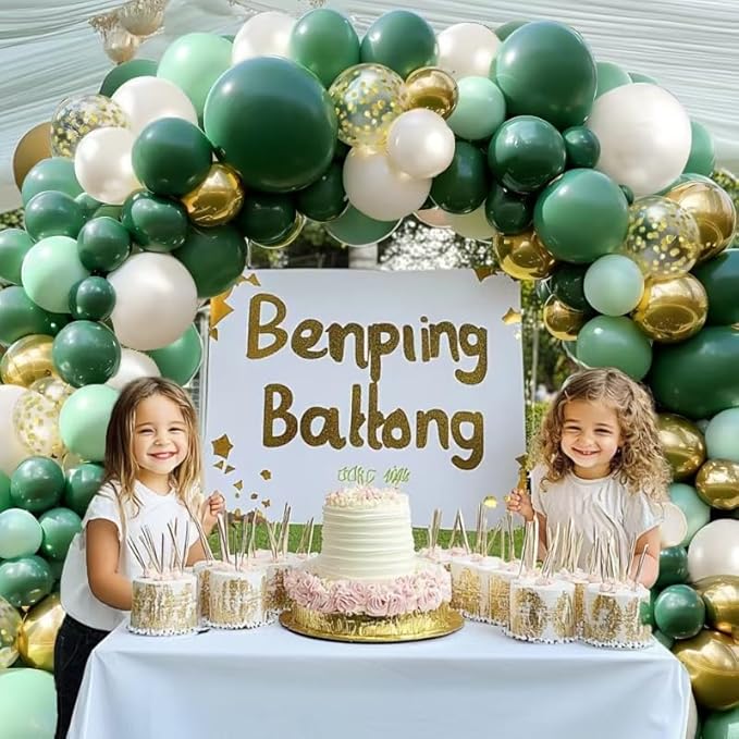 Green Gold Balloon Garland Kit, Double Stuffed Dusty Dark Forest Green Pearl White Gold Metallic Chrome Balloons Arch Kit for Birthday Wedding Party St. Patrick's Day Decoration.