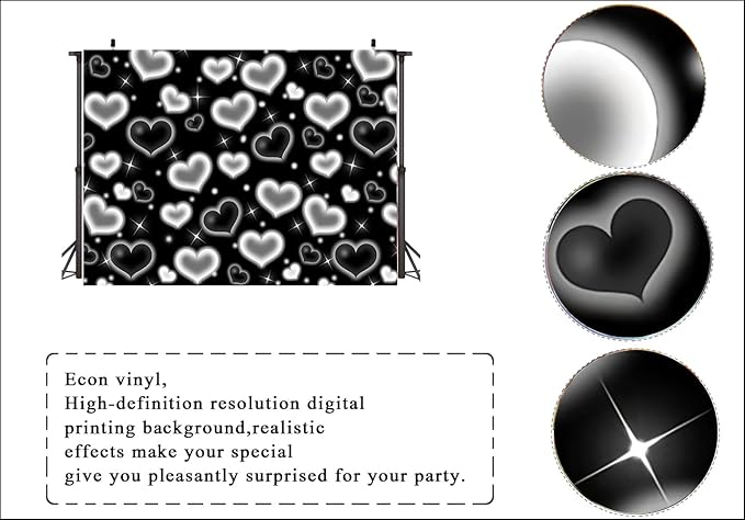 LTLYH 7×5ft Black Heart Photo Backdrop Early 2000s Party Decorations Old School Backdrops Valentine's Day Glitter Heart 16th 18th 30th Women Men 90s Happy Birthday Background Selfile Wall Decor 257