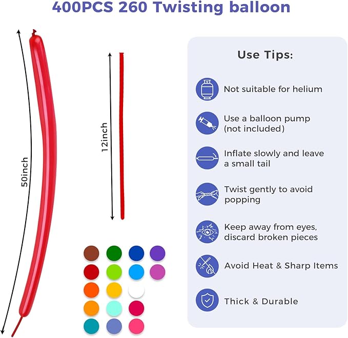 Koogel 400PCS 260 Balloons, Assorted Color Long Skinny Twisting Animal Balloons for Animal Garland Modeling Tying Latex Balloon Arch Wedding Birthday Graduation Carnivals Party Decoration