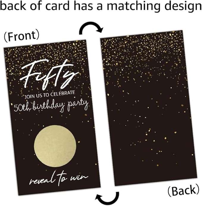 REWIDPARTY Black Gold Fifty Birthday Scratch Off Cards（32 PCS） 50th Birthday Party Game Scratch Cards Cheers to 50 Years Party Supplies Activity for Black Gold Birthday Raffle Tickets Kids Adults