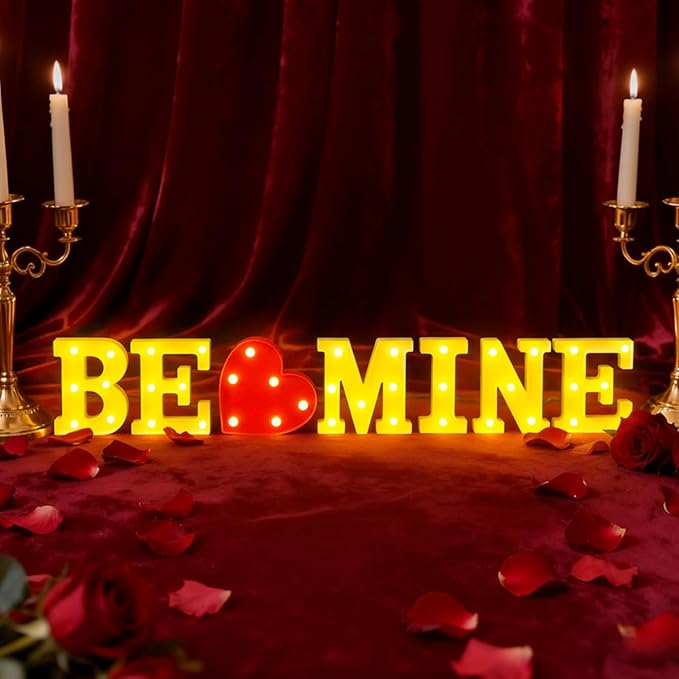 Honoson 7 Pcs Valentines Day Decoration, Be Mine Light up Sign Romantic Heart LED Letters Lights for Valentine Day Engagement Confession Proposal Boyfriend Girlfriend Lover Special Night Party Decor