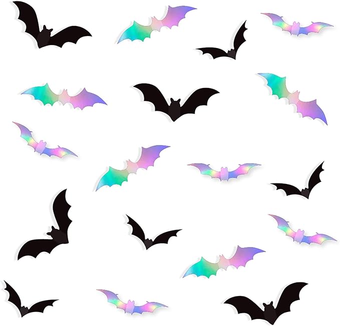 Halloween Iridescent Holographic Bats Party-Decorations Stickers Banner - 17pcs Neon Glitter 3d Paper Rooms Wall Decor,Hotel Transylvania Kids Happy Birthday Hanging Supplies Panduola