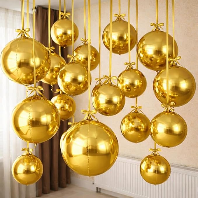 Togvu Gold Round Foil Balloons, 12PCS Different Sizes 4D Metallic Balloon Large Golden Sphere Mirror Ball Balloons for Prom Graduation Christmas New Year Birthday Party Ceiling Decorations Supplies