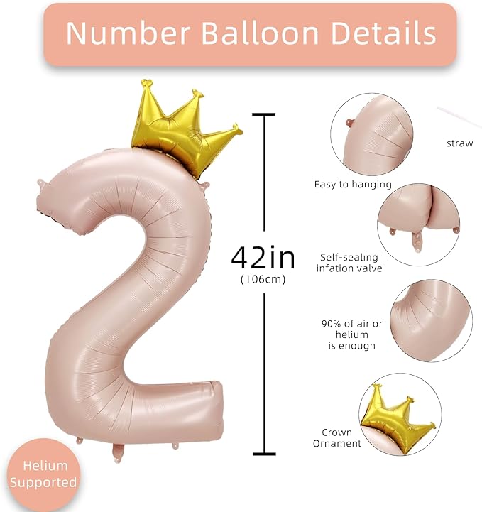 AULE 40 Inch Big Pink 2 Balloon Number with Crown Large Foil Helium Number Balloons 0-9 Jumbo Giant Happy 2nd Birthday Party Decorations Huge Mylar Anniversary Party Supplies