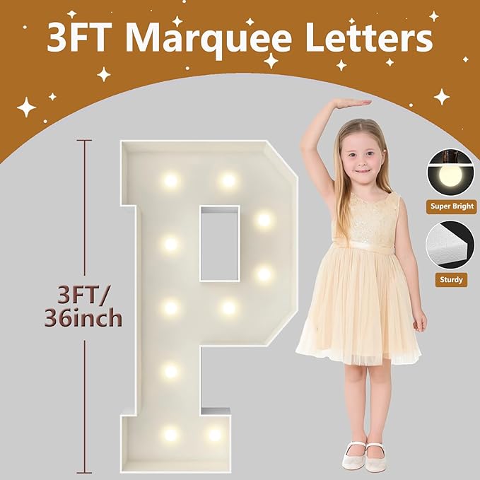 3FT Marquee Light Up Letters, Large Marquee Letters, Pre-cut Foam Board Letter P for Engagement Wedding Decorations Birthday Party Backdrop Decor, Balloon Arch Kit