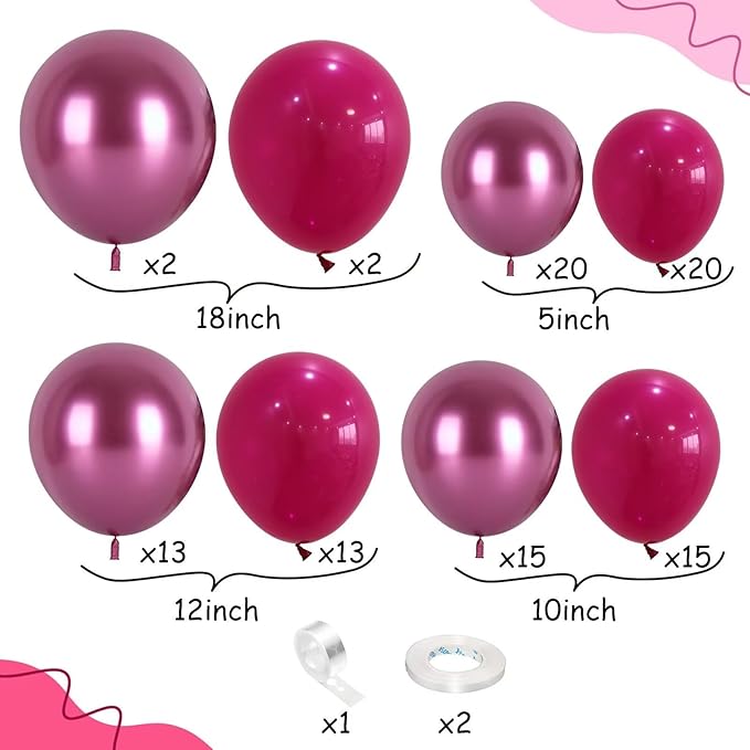 Magenta and Hot Pink Balloon Arch Kit, Metallic Magenta and Hot Pink Balloon Garland Kit, Rose Red Chrome Balloons Different Sizes for Bachelorette Party Birthday Wedding Party Decorations