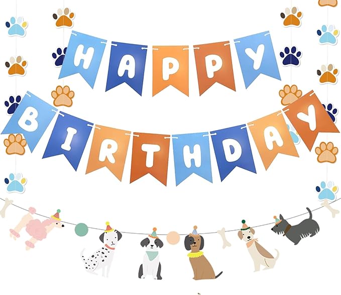 Orange Blue Dog Paw Happy Birthday Dog Themed Banner for Party Decorations for Boys Girls DIY Party Supplies (Orange Blue Banner)
