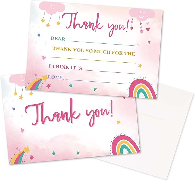Kids Thank You Cards Fill in the Blank, Boho Rainbow Thank You Notes For Boys Girls, Pink Rainbow Greeting Card, Birthday Party Decorations Favors (20 Cards With 20 Envelopes) -30