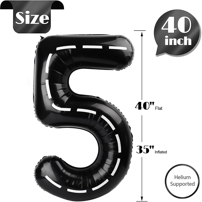 Race Car Number 5 Balloon 40 Inch, 5 Balloon Number, 5th Birthday Decorations, Race Car Party Supplies for Boys Girls