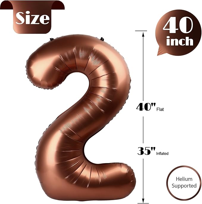 Coffee Brown Number 2 Balloon 40 Inch, 2 Balloon Number, 2nd Birthday Decorations for Baby Girls Boys Toddlers
