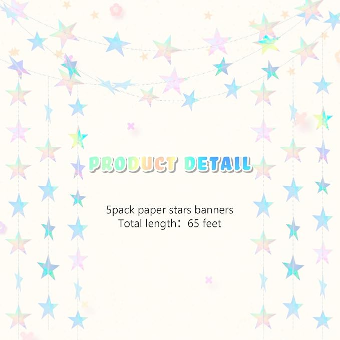 Spakon 65 Feet Glitter Star Paper Garland Banner Hanging Decoration Star Streamers Double Side 2026 Graduation Decorations for Wedding Birthday Festival New Year Party Decoration (Iridescent)