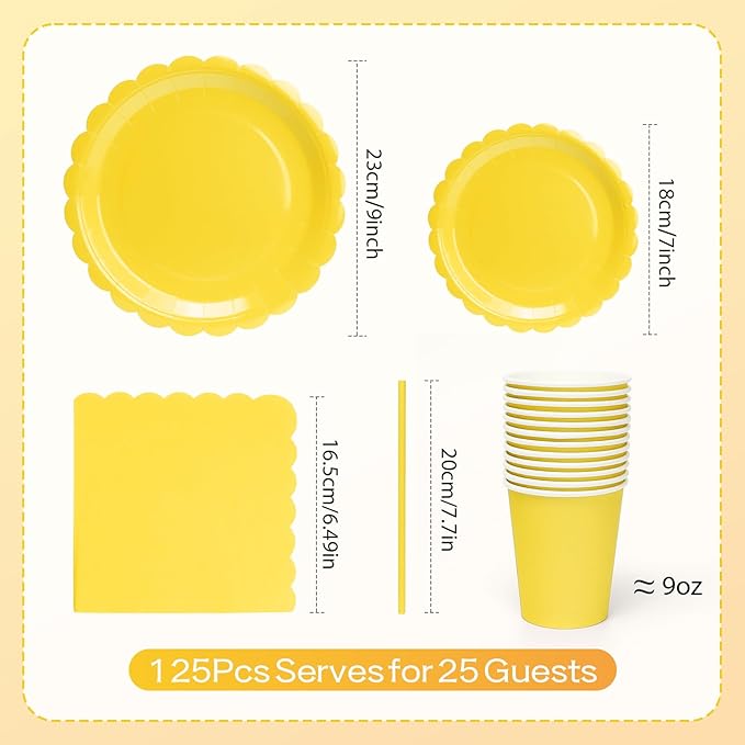 168PCS Party Plates, Scalloped Gingham Paper Plates and Cups and Napkins Sets Party Supplies for Birthday Wedding Bridal Shower Baby Shower Picnic, Serve for 24 Guests (Yellow Scalloped)