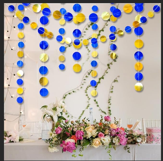 Shining Blue Gold Circle Dots Hanging Garland Sparkling Blue Gold Circle Dots Hanging Streamer Glitter Circle Bunting Banner Circle Dots Backdrop for Wedding Baby Shower Birthday Xmas Decor 40 Feet