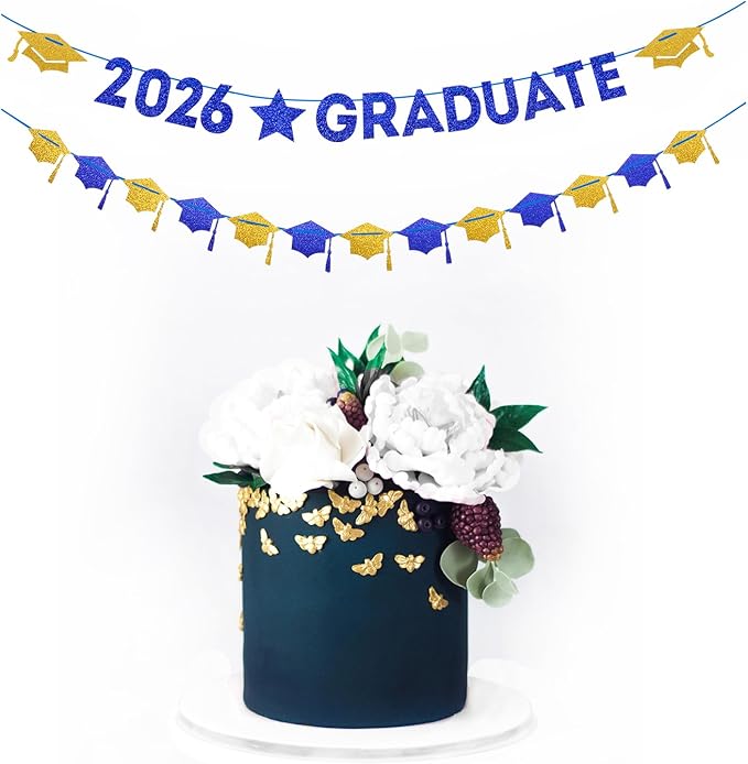 Navy-Blue White-Gold Party-Decoration Graduation Banner - 8pcs Kits Cap Garland Streamers, Paper Tissue Pom Poms Flowers, 2025 Craduate Banner Congratulations Grad Decor Lasting Surprise