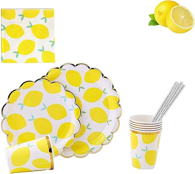 MaitianGuyou Lemon Party Decorations Disposable Dinnerware Set, Include Yellow Paper Plates, Cups, Straws and Napkins,Fruits Tableware Set for Lemonade Themed Birthday Decorations