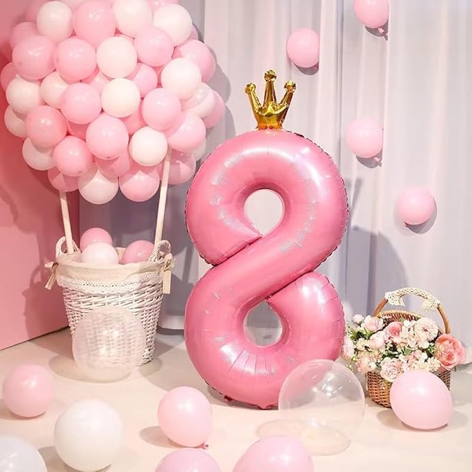 40 inch Pink Number 8 Balloon with Crown, Pink Crown Balloons 0-9 for 8th Birthday Party Anniversary Decorations Supplies