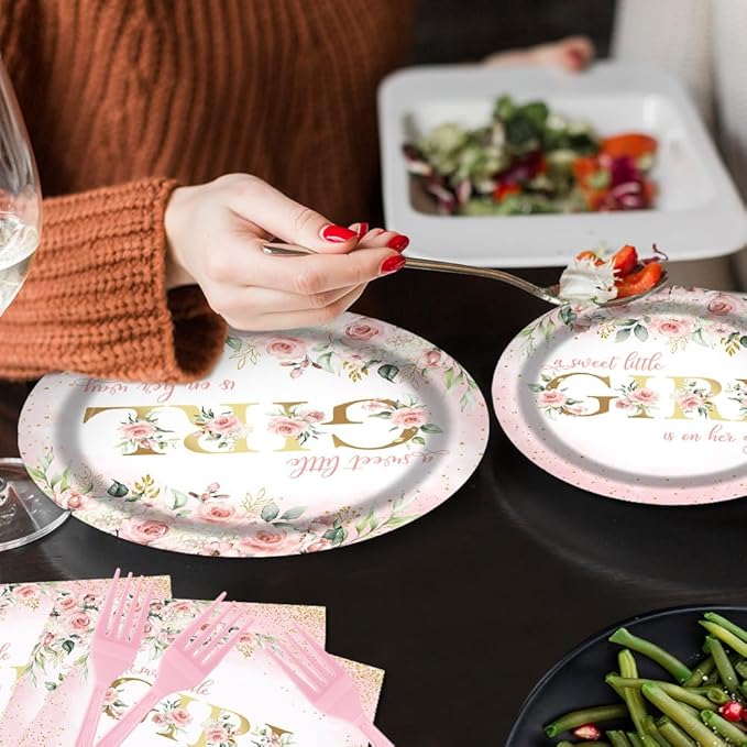 Girl Baby Shower Party Tableware Set 96 Pcs Pink Floral Sweet Baby Disposable Plates Napkins Forks A Sweet Little Girl is on Her Way Party Supplies for Girls Serve 24 Guests