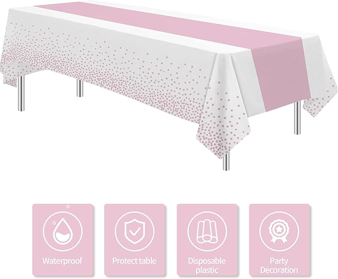 White and Pink Party Decorations Tablecloth, 3 Pack Disposable Light Pink Dot Table Cover Printed Table Runner for Birthday Baby Bridal Shower Wedding Anniversary Graduation, 86in x 55in