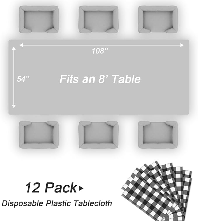 QIKSION Black Gingham Tablecloth Disposable 12 Pack, 54 x 108 Inch Black and White Checkered Table Cloth for Picnic, Outdoor BBQ Decorations, Birthday Party Supplies, Rectangle, Plastic Table Cover