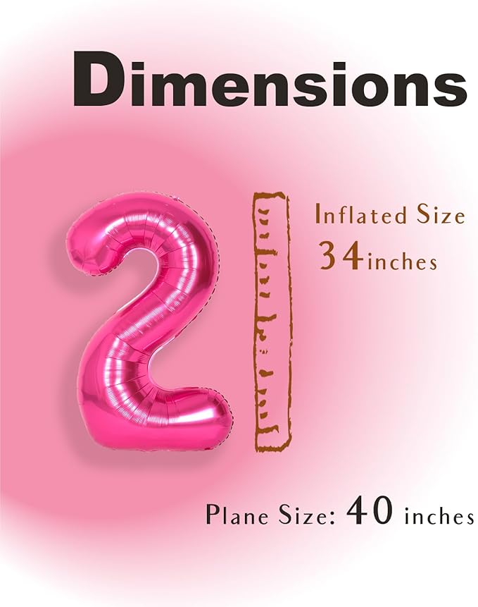 SUWEN 40 Inch Hot Pink Large 2 Number Balloons Big Foil Helium Number Balloons 0-9 Jumbo Happy 2nd Mylar Birthday Party Decorations for Girl Anniversary Party Supplies
