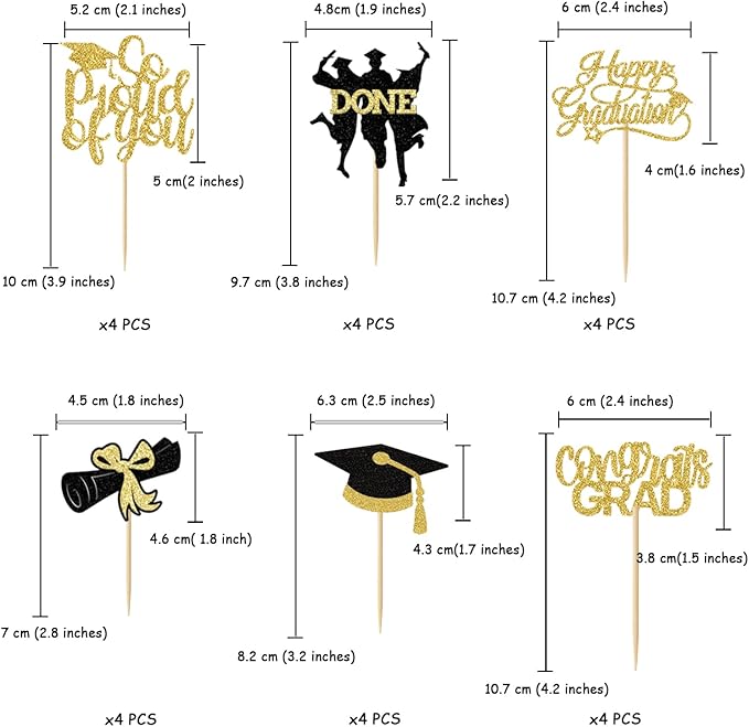 24 Pack 2026 Congrats Grad Cupcake Toppers Set, Graduation Cupcake Decor, Class of 2026 Cupcake Picks for Senior High School College Grad Party Decorations Supplies(Black with Gold) B