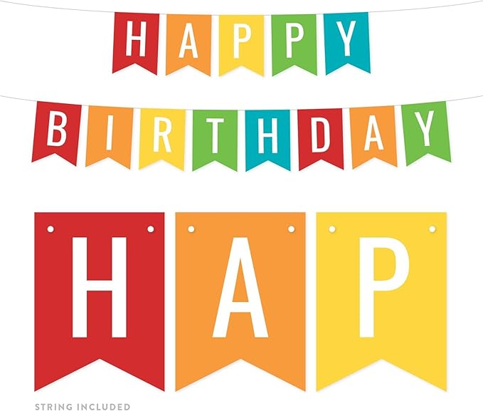 Andaz Press Hanging Pennant Banner Party Decorations, Rainbow Colors Red Orange Yellow Green Aqua Blue, Happy Birthday, 1-Pack, Approx. 5-Feet