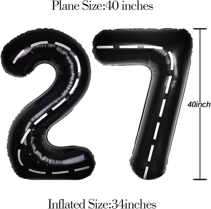 Race Car 40Inch Black 27 Balloon Number Large Helium Race Track 0-9 Giant Digital 27th Foil Mylar Big Party Number Balloons for Boy Birthday Car Theme Party Anniversary Graduation Decorations