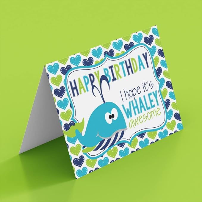 WHALEY Awesome Whale Themed Birthday Pun Themed Single (1) All Occasion Blank Birthday Card To Send To Friends & Family, 4"x 6" (when folded) Fill In Greeting Note Card by AmandaCreation